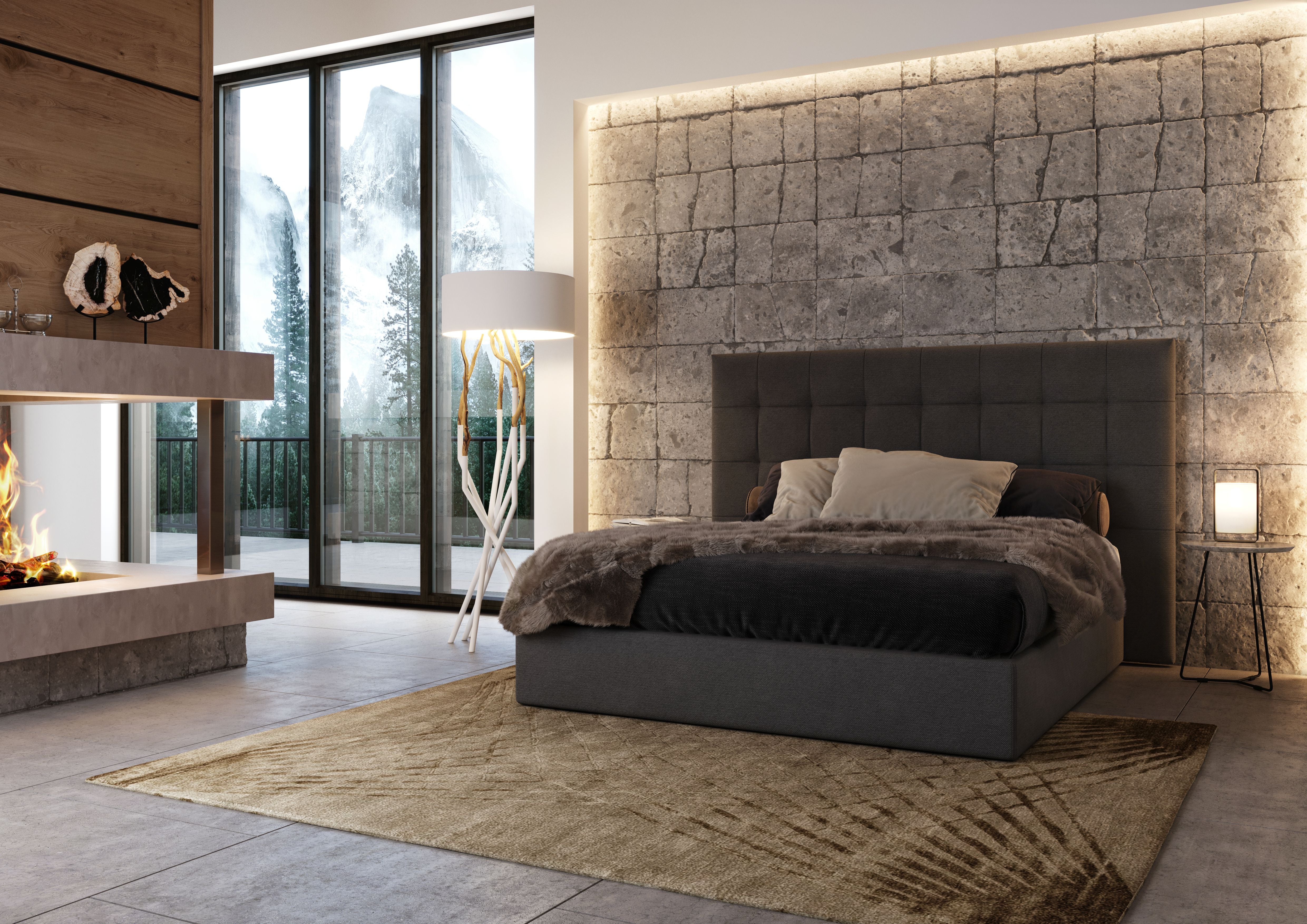 Letto imbottito Boxspring, stile Chalet montagna, singolo e matrimoniale, QUADRAT - Gaidra HOME