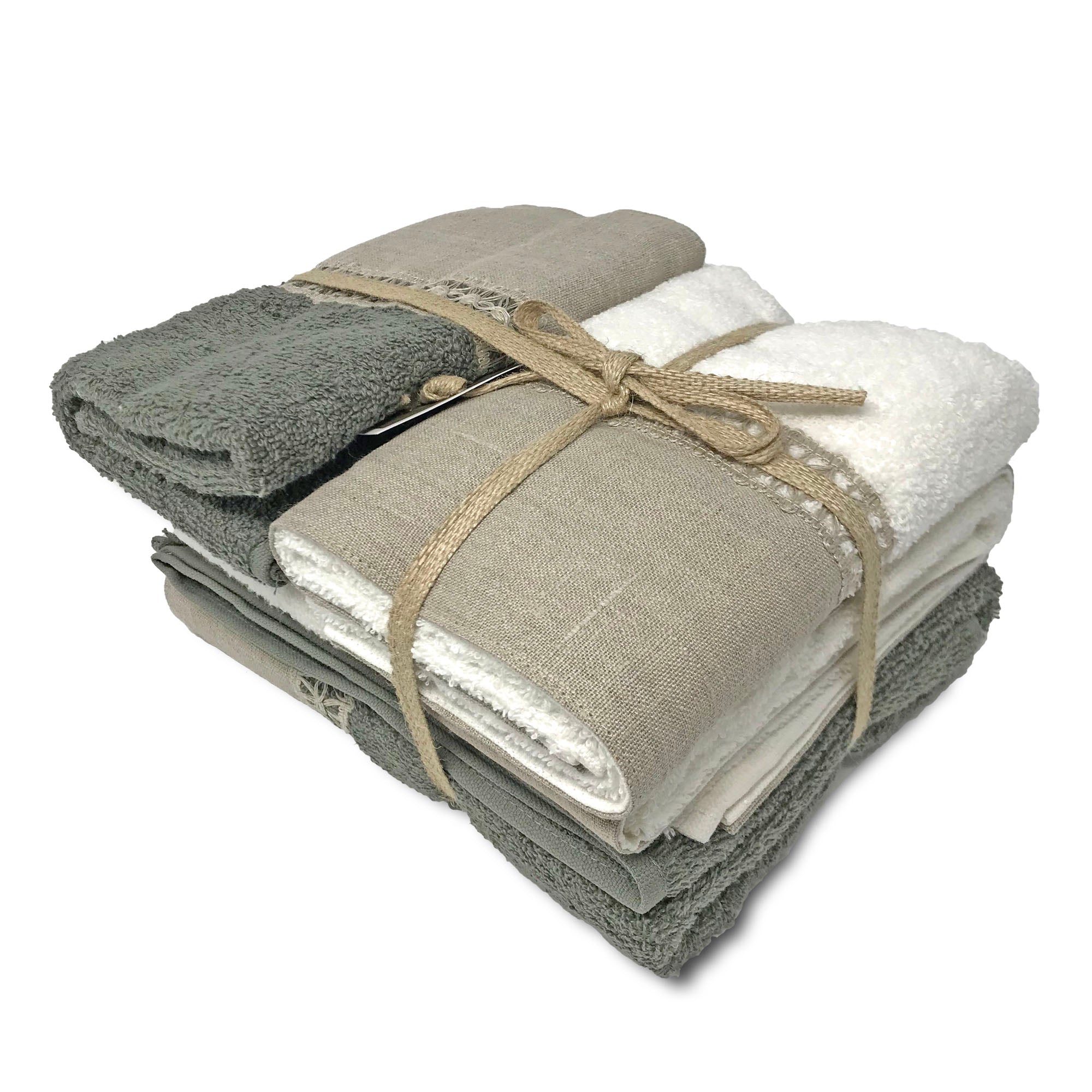 Set asciugamani in spugna con bordo in lino e cigliuccio, 2x asiug. ospite + 2x asicug. viso, colore grigio beige bianco - Gaidra HOME