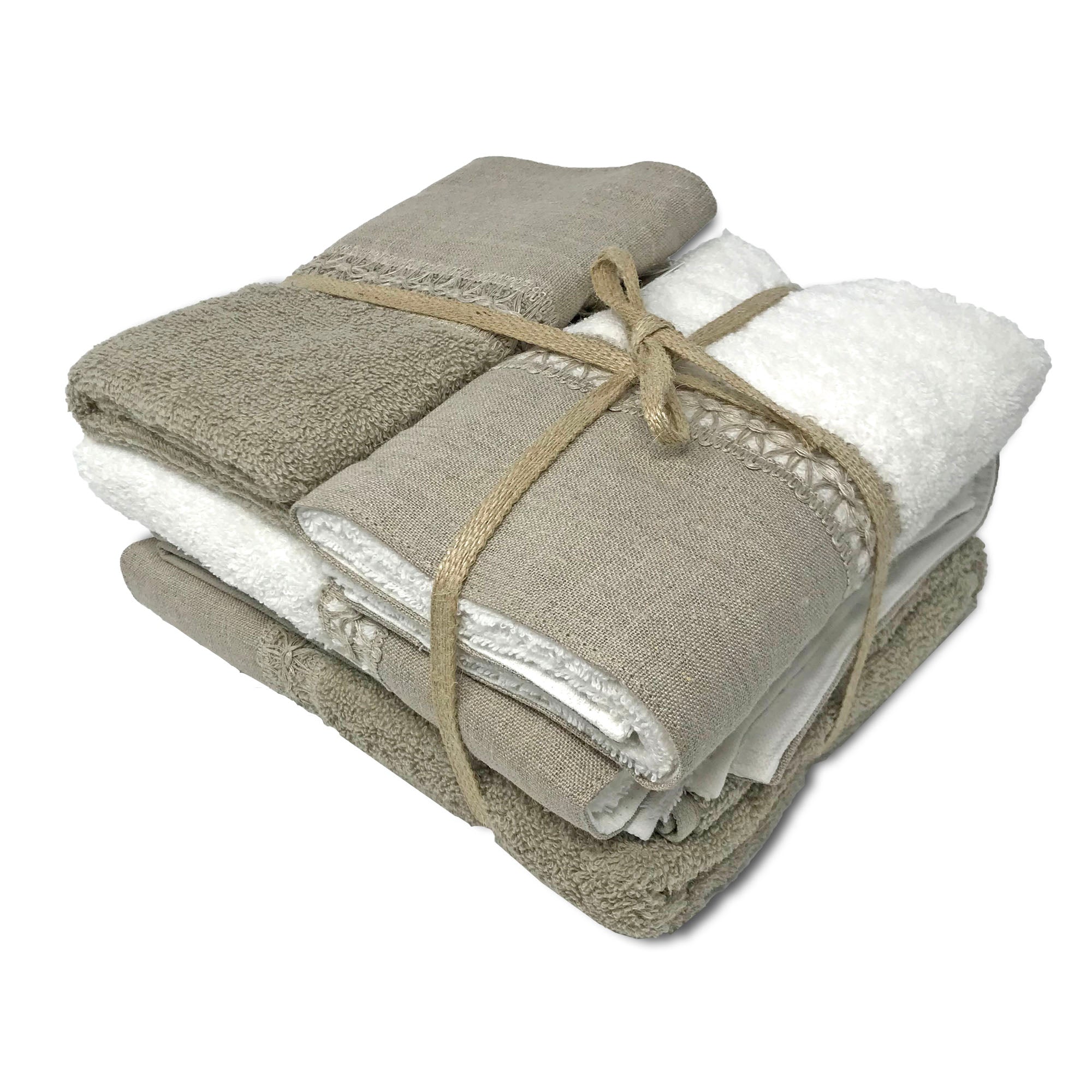 Set asciugamani in spugna con bordo in lino e cigliuccio, 2x asiug. ospite + 2x asicug. viso, colore beige bianco - Gaidra HOME