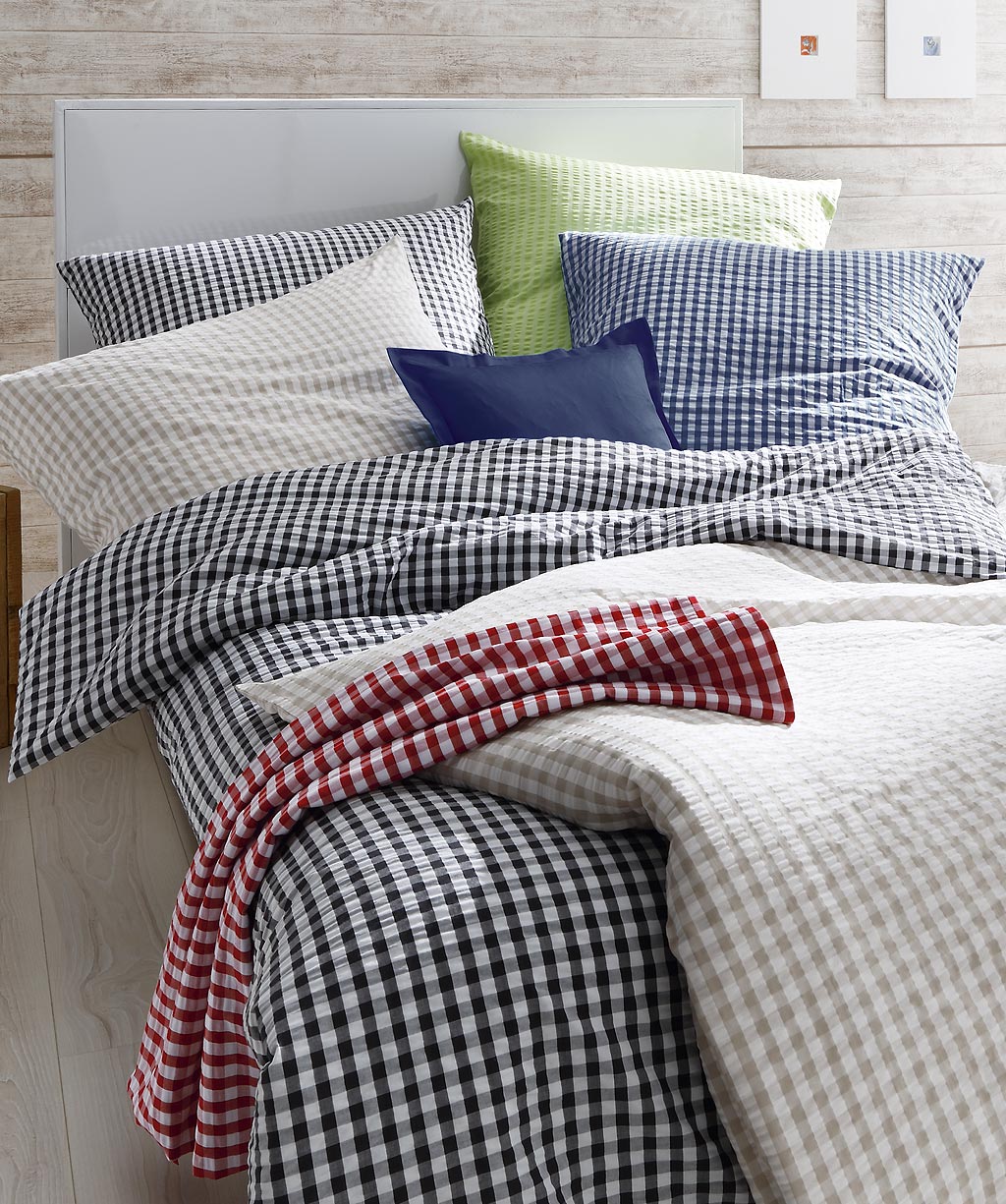"Rio 3027" copripiumino no stiro in cotone seersucker, fantasia a quadretti, matrimoniale e singolo - Gaidra HOME