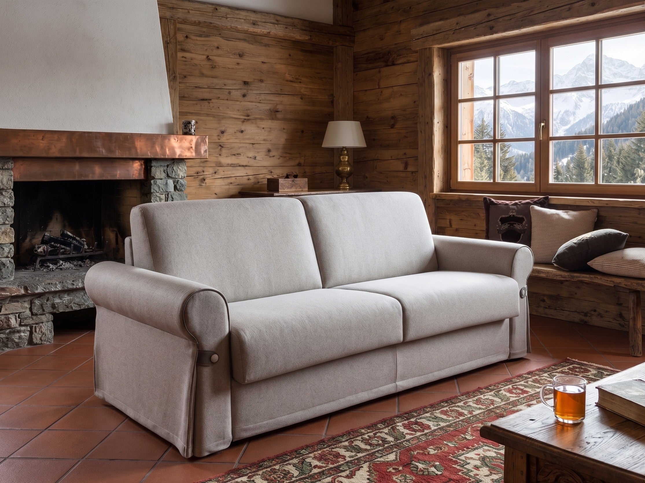 Divano letto in PRONTA CONSEGNA, stile montagna chalet alpino rustico, con rivestimento in lana Loden, 202 cm | 3 Persone - Gaidra HOME