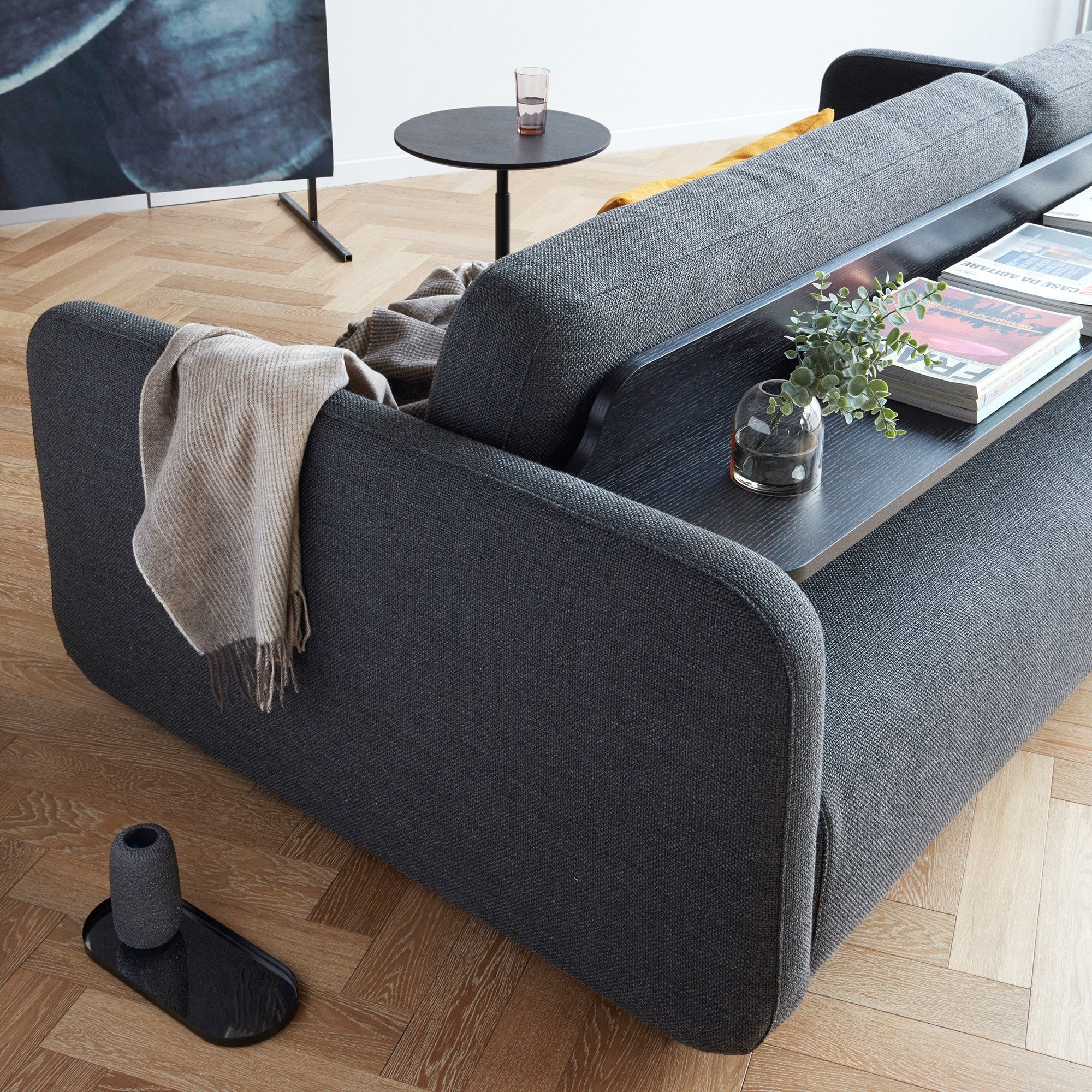 Divano letto moderno VOGAN, design nordico, rivestimento tessuto color grigio, 218 cm - Gaidra HOME