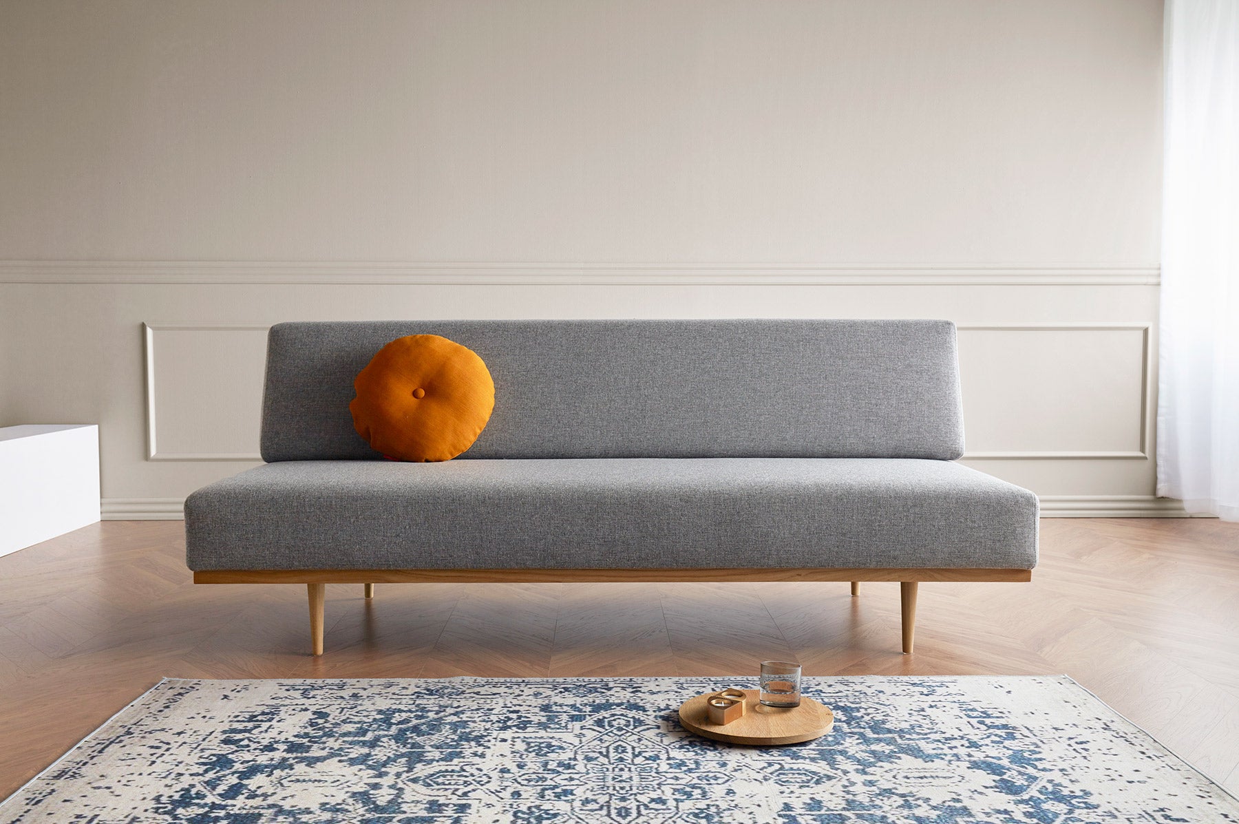 Divano letto, design nordico, VANADIS Innovation Living, rivestimento tessuto color grigio, 200cm - Gaidra HOME