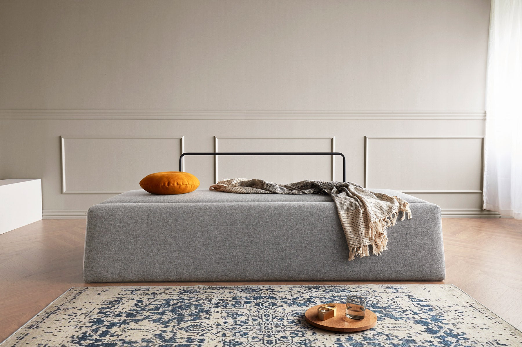 Divano letto, design nordico, VANADIS Innovation Living, rivestimento tessuto color grigio, 200cm - Gaidra HOME