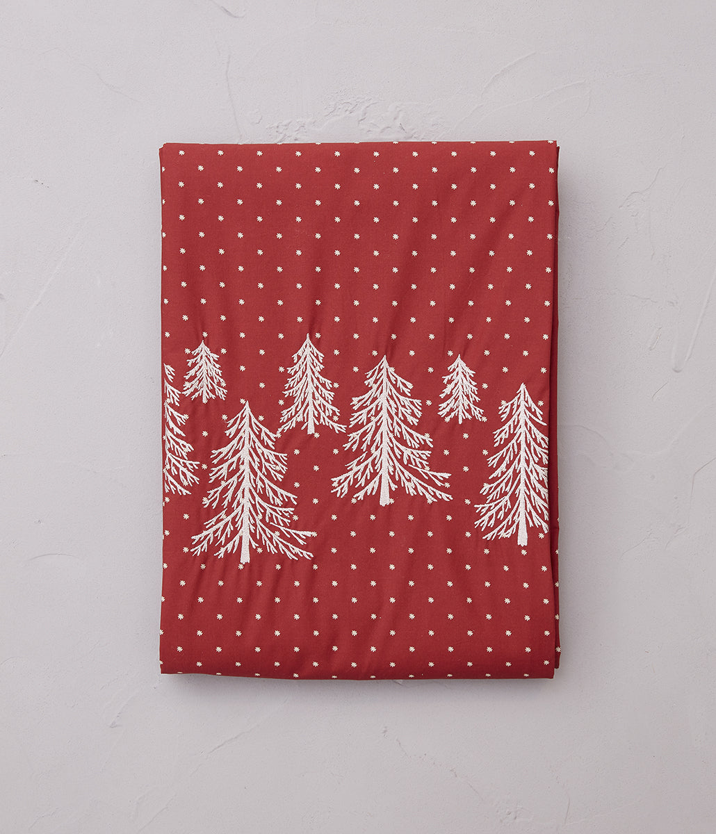 Parure Copripiumino stile montagna alpino SYLVIE THIRIEZ, ricamo bosco alberi, rosso pois, CIMES, in cotone percalle, 250 x 200 cm + risvolto - Gaidra HOME