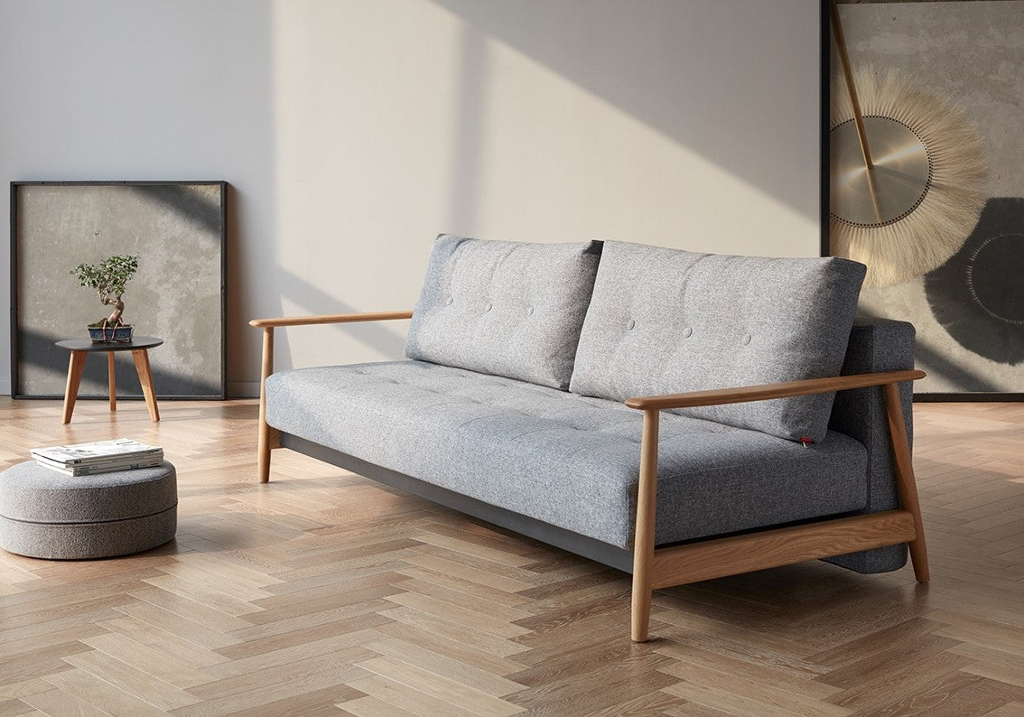 Divano letto moderno ELUMA DELUCE BUTTON, design nordico, con struttura in legno, rivestimento tessuto color grigio - Gaidra HOME